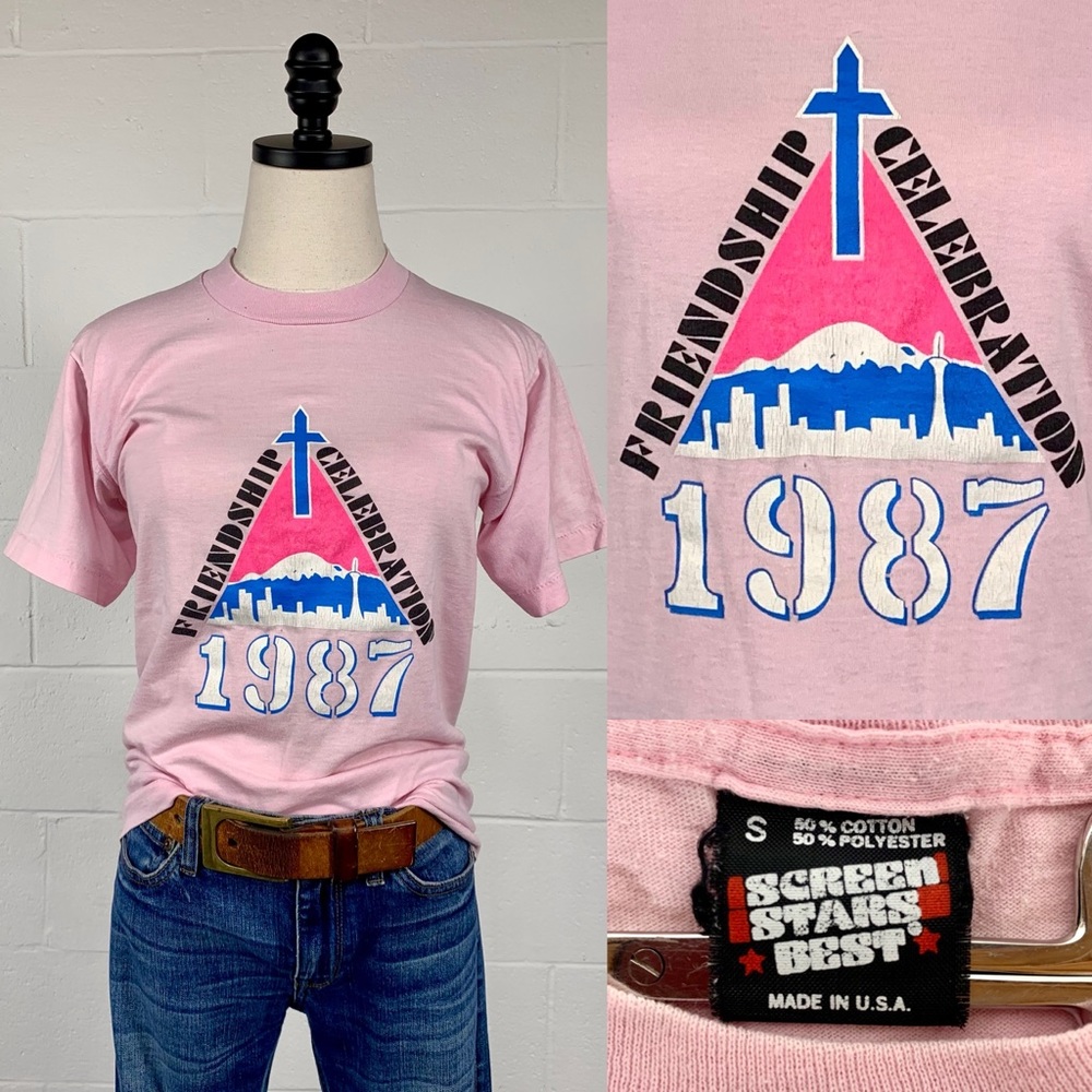 Vintage 1987 Pink Seattle Christian Youth T-Shirt Single Stitch Screen Star S